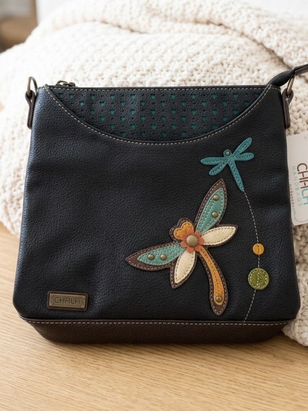 NWT Chala Dragonfly Sweet Messenger Crossbody Bag Black Brown Faux Leather